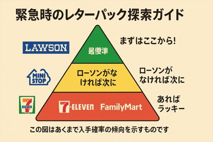 緊急時にレターパックを探すコンビニの優先順位を示すピラミッド図。最優先はローソン、次にミニストップとセイコーマート、可能性が低いのはセブン-イレブンとファミリーマート