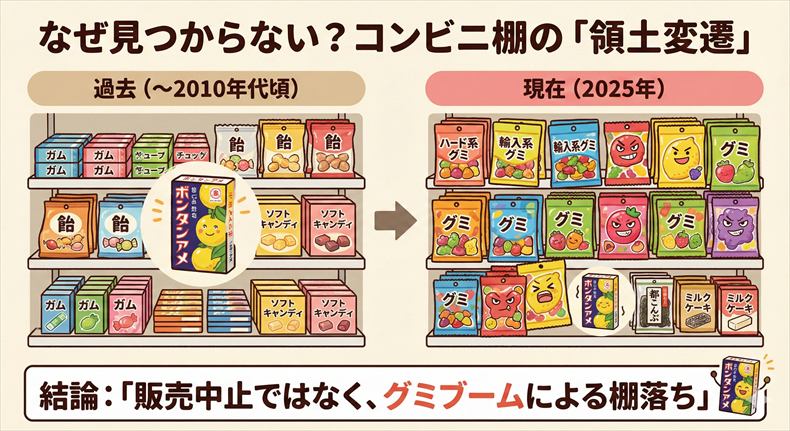 コンビニの菓子売り場で、かつては定番だったボンタンアメが、現在は大量のグミ商品に棚を奪われている様子を示した比較図解。